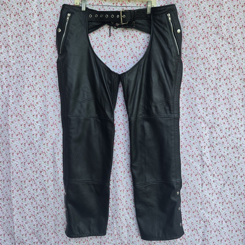 FMC First Manufacturing Co. Unisex Black LEATHER Motorcycle Chaps Zip Snap Large